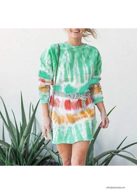Alangbudu Tie Dye Printed Long Sleeve Dress Sweatshirt Round Neck Casual Loose Pullover Tops Shirts Oversized Dresses Green