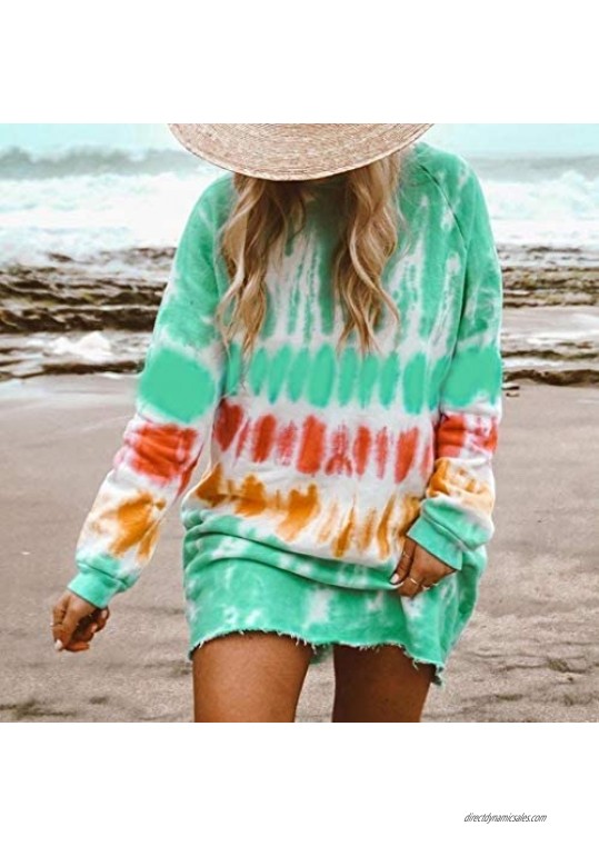 Alangbudu Tie Dye Printed Long Sleeve Dress Sweatshirt Round Neck Casual Loose Pullover Tops Shirts Oversized Dresses Green