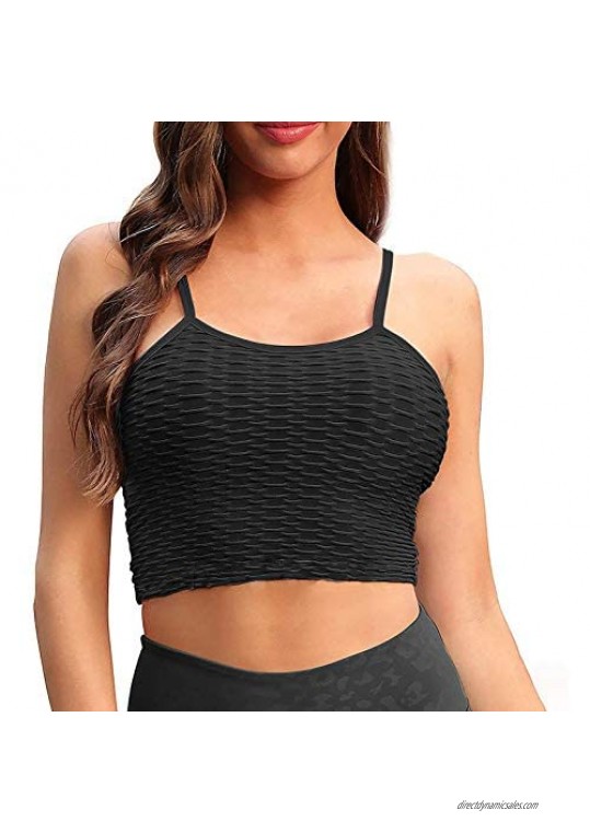 Crop Tops for Women Summer Workout Basic Solid Sleeveless Stretch Slim Crop Vest Bubble Sport Yoga Cami Crop Tank Top