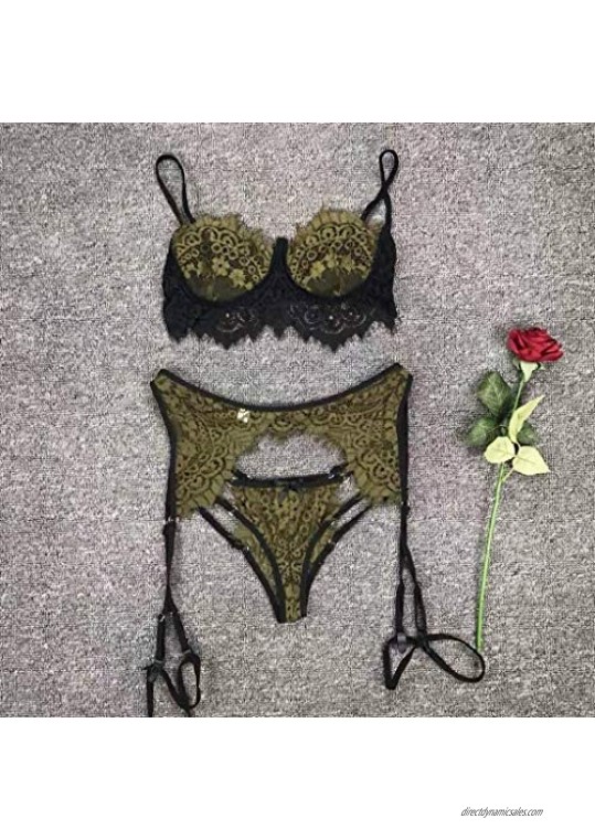 DIOMOR Hit Items 3-Pc Women Lace Sexy Lingerie Straps Bra and Panty Garter Set Underwear Babydoll Valentine's Day