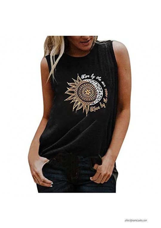 Fashion Women's New O-Neck Sun and Moon Printing Sleeveless Vest Casual Loose Vest Tanks Tops