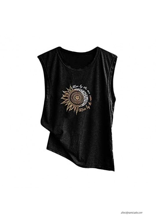 Fashion Women's New O-Neck Sun and Moon Printing Sleeveless Vest Casual Loose Vest Tanks Tops
