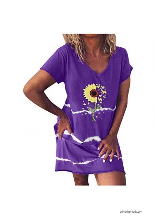 Fastbot women's Dress Sunflower Print Summer Casual V-Neck Tops Plus Size Short Sleeve