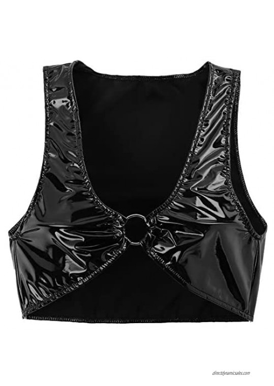 FEESHOW Womens Shiny Leather Plunging V Neck O-Ring Sleeveless Vest Crop Tops Clubwear