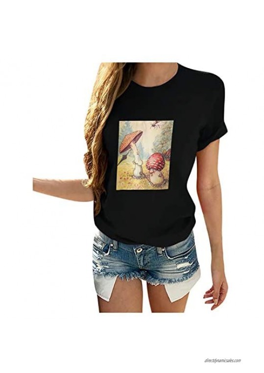 GGOGO Summer Women Blouses Summer Mushrooms Print Classic Fit Round Neck Short Sleeve Christmas Print Loose T-Shirt Top