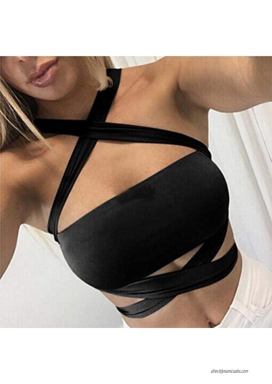 Mikilon Women's Sexy Criss Cross Bandage Crop Tops Cut Out Active Bustier Cami Crop Blouse Black