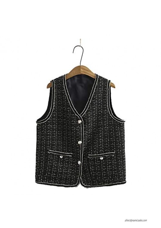 Omoone Women's Elegant V-Neck Plaid Button Down Knit Vest Top Knitted Waistcoat