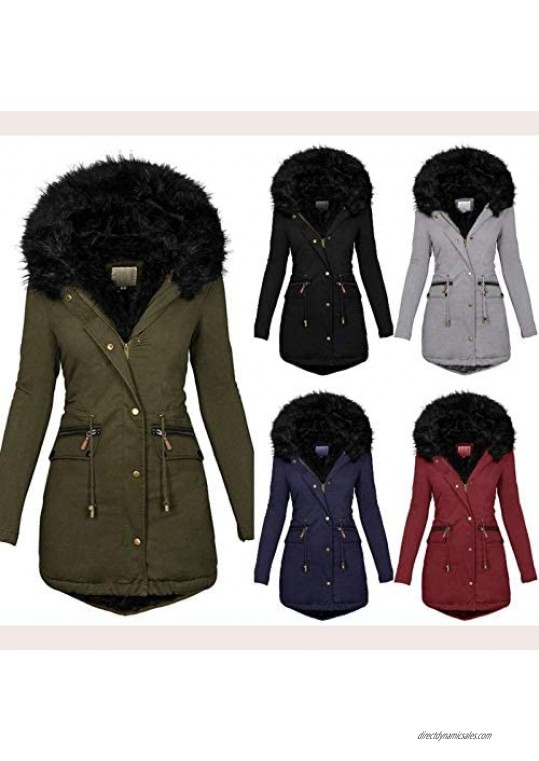 SoneBot Womens Winter Cotton Overcoat Warm Hooded Faux Fur Parkas Thick Lining Long Jacket Fleece Outwear