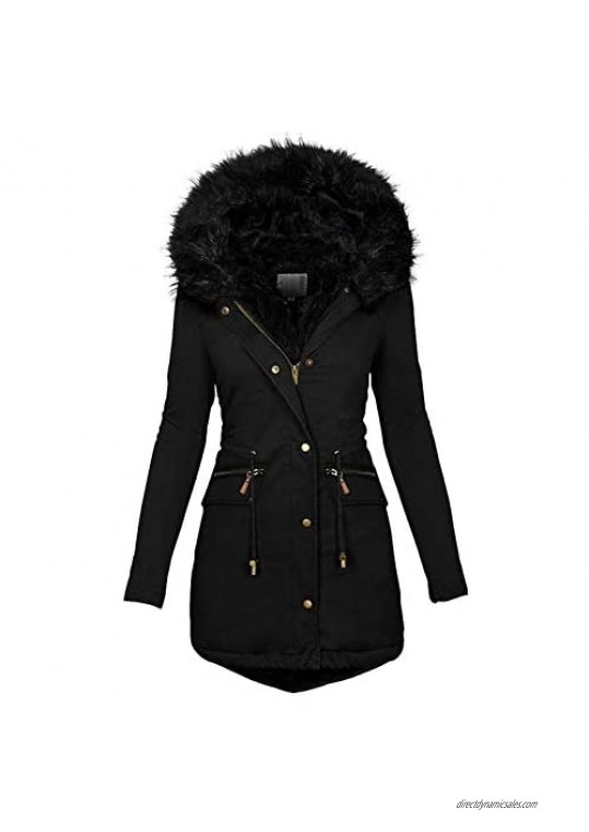 SoneBot Womens Winter Cotton Overcoat Warm Hooded Faux Fur Parkas Thick Lining Long Jacket Fleece Outwear
