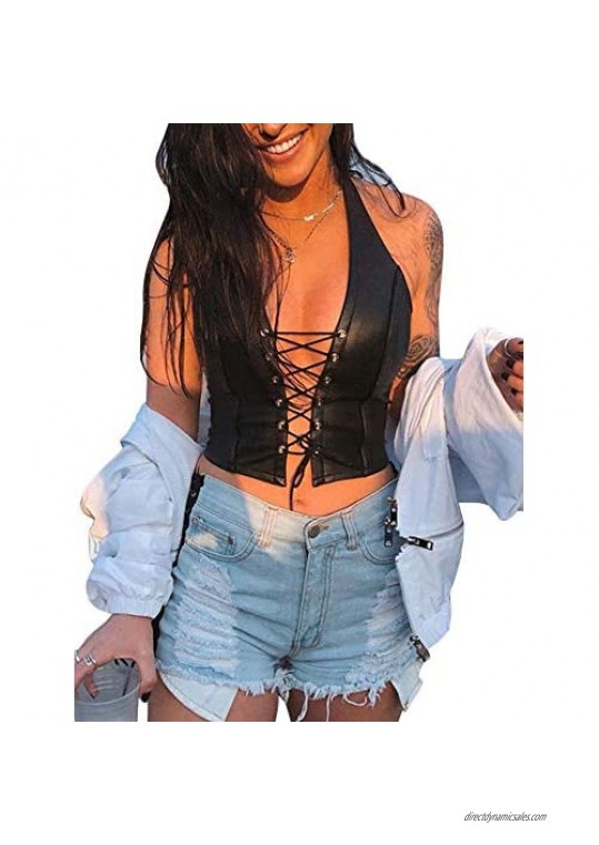 Women PU Leather Crop Top Corset Vest Plus Size Lingerie Buckle Lacing Steel Boned for Casual Party Festival Rave