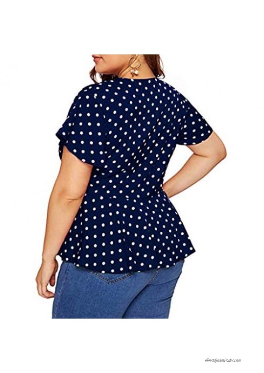 Women's Plus Size Floral Print Ruffle Blouses Short Sleeve Deep V Neck Shirts Belt Tie Peplum Wrap Tunic Tops - Limsea