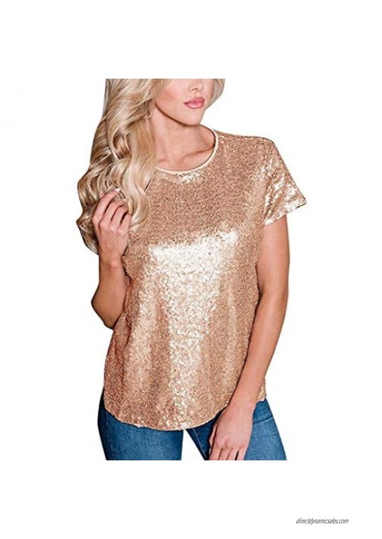Womens Sequins Solid Tops Short Sleeve O-Neck Casual Pullover Shirt Blouse