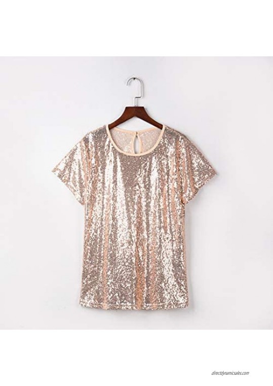 Womens Sequins Solid Tops Short Sleeve O-Neck Casual Pullover Shirt Blouse