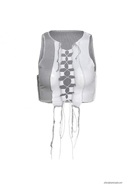 Womens Sexy Lace Up Crop Top Hollow Out Sleeveless Patchwork See Through Vest Tops