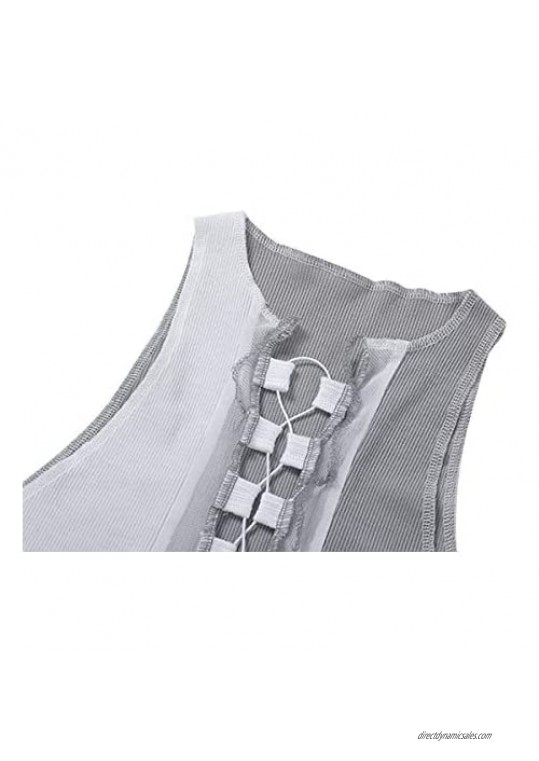 Womens Sexy Lace Up Crop Top Hollow Out Sleeveless Patchwork See Through Vest Tops
