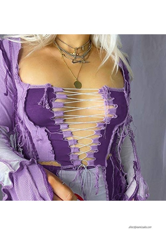 Women's Slim Fit See Through Vest Fashion Stitching Lace-up Hem Crop Top Street Wear
