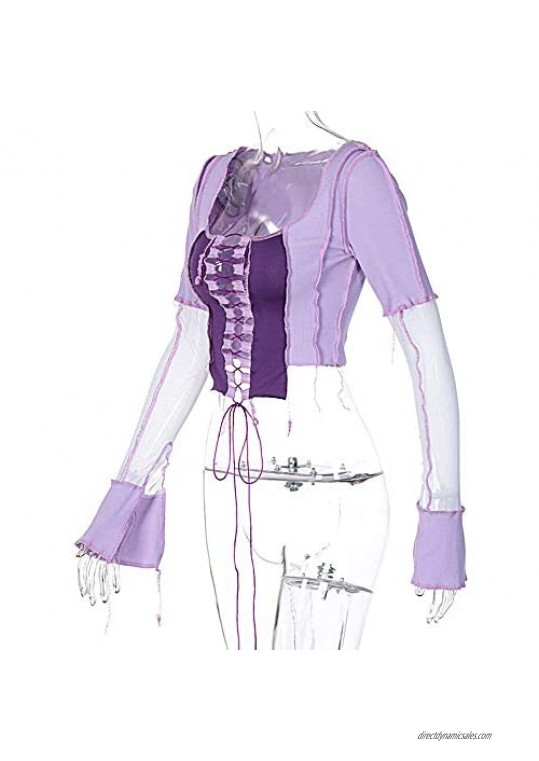 Women's Slim Fit See Through Vest Fashion Stitching Lace-up Hem Crop Top Street Wear