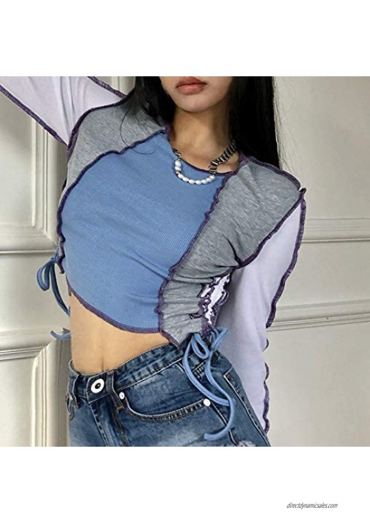 Womens Tank Tops Sexy Long Sleeve Drawstring Ruched Round Neck T-Shirt Blouse Fashion Casual Slim Navel Crop Tops