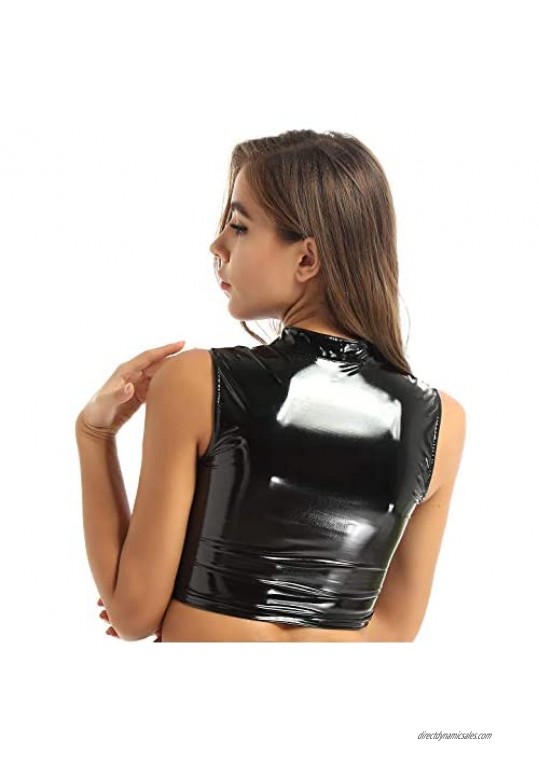 YiZYiF Womens Fashion Wet Look Patent Leather Sleeveless Cut Out Front Tight Vest Crop Top Blouse