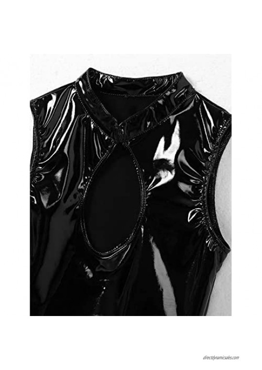 YiZYiF Womens Fashion Wet Look Patent Leather Sleeveless Cut Out Front Tight Vest Crop Top Blouse