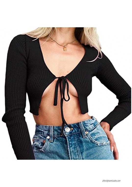 ZHENXI Fashion New Women Ribbed Knit Crop Top - Long Sleeve Tie Knot Bodycon Mini Sweater Cardigan T-Shirts Crop Top