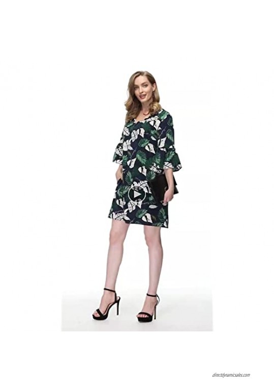BUENOS NINOS Women's Floral Dress V Neck Half Length Bell Sleeve Causal Loose Shift Mini Tunic Dress with Pockets