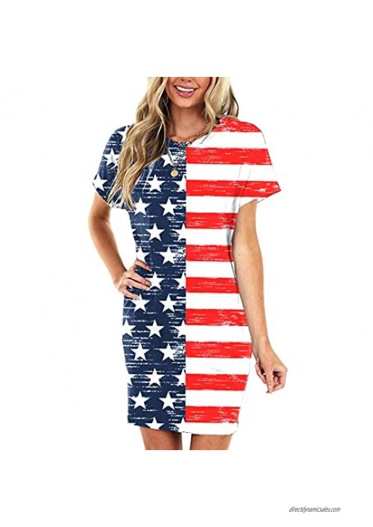 Deerose Womens July 4th American Flag Short Sleeve Dress with Pocket