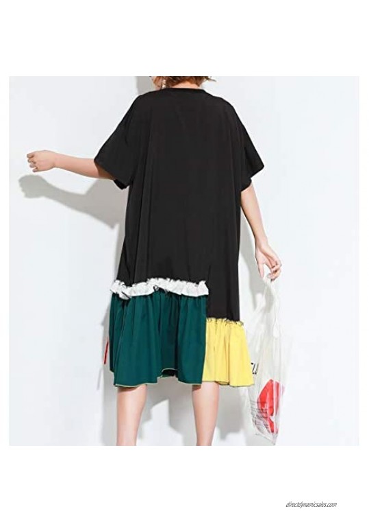 ellazhu Women's Summer Scoop Neck Printed Oversized T Shirt Long Dress with Ruffle Hem GA1435