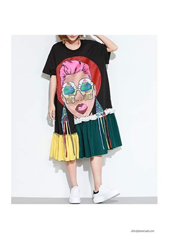 ellazhu Women's Summer Scoop Neck Printed Oversized T Shirt Long Dress with Ruffle Hem GA1435