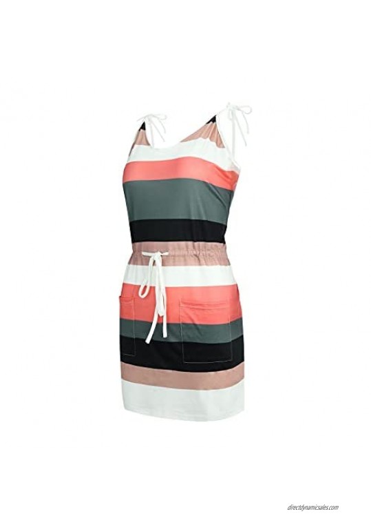 Euone Clothes Summer Dresses for Women V Neck Sleeveless Stripe Splicing Sling Strap Sundress