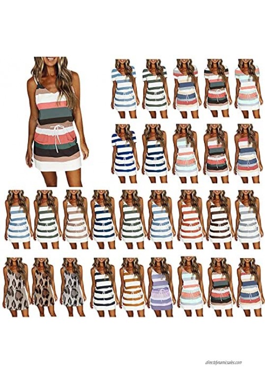 Euone Clothes Summer Dresses for Women V Neck Sleeveless Stripe Splicing Sling Strap Sundress