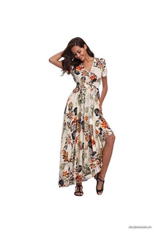Ferrendo Women's Floral Maxi Dress Button Up Split Flowy Bohemian Party Beach Dresses