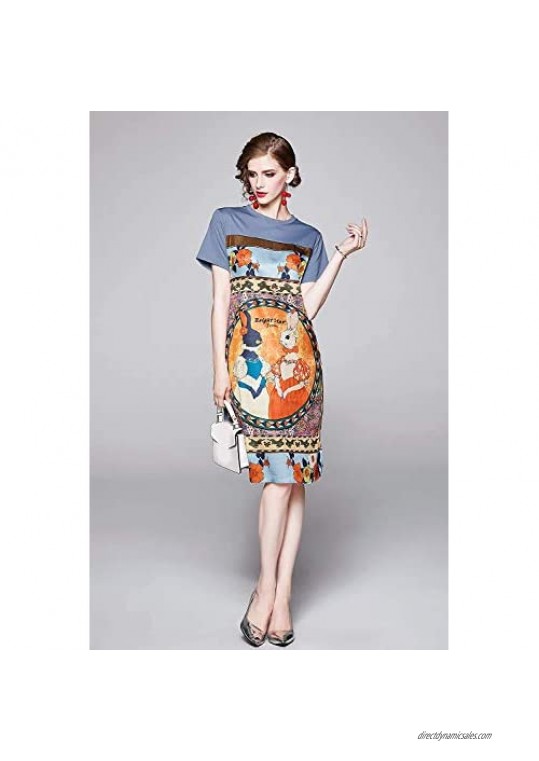 LAI MENG FIVE CATS Women's Bell Sleeve Round Neck Floral Print Summer Casual Swing Mini Dress