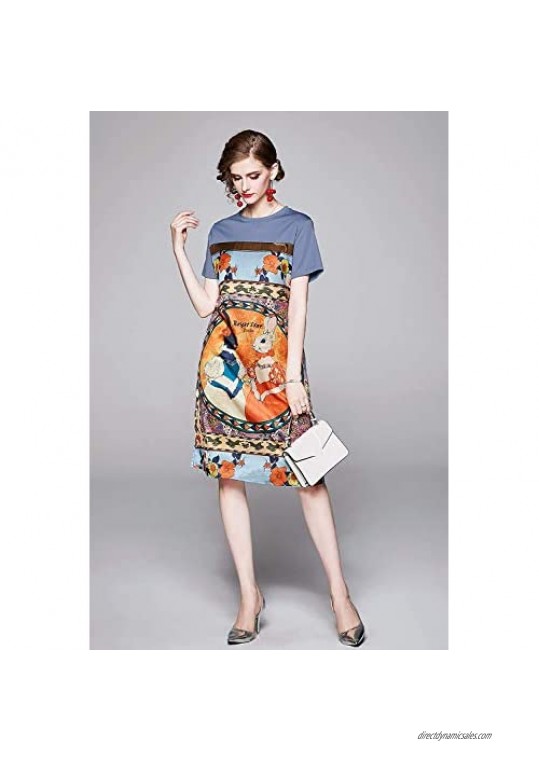 LAI MENG FIVE CATS Women's Bell Sleeve Round Neck Floral Print Summer Casual Swing Mini Dress