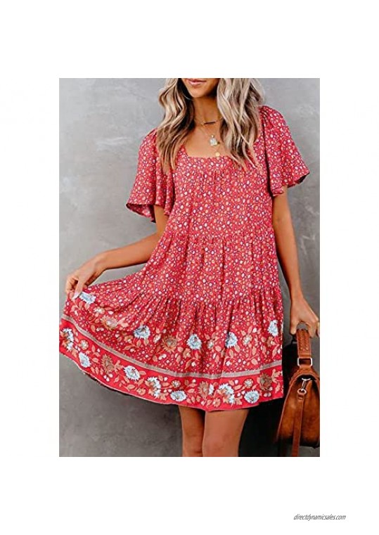 MITILLY Women's Summer Boho Floral Print Square Neck Ruffle Sleeve Loose Casual Short Mini Dress