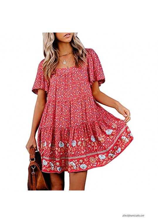 MITILLY Women's Summer Boho Floral Print Square Neck Ruffle Sleeve Loose Casual Short Mini Dress