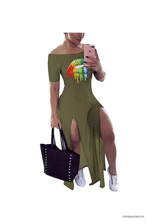 Nhicdns Womens Bodycon Maxi Dress Sexy Club Outfit Off The Shoulder Colorful Lip Print 2021 Summer T-Shirt Dress with Splits