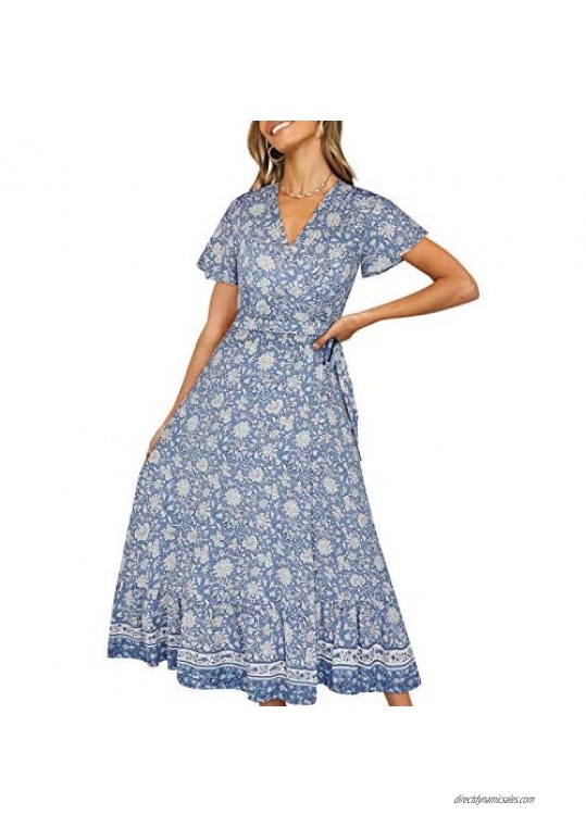 OUGES Women’s Casual Summer Bohemian Floral Wrap V Neck Short Sleeve Beach Maxi Dress
