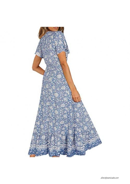 OUGES Women’s Casual Summer Bohemian Floral Wrap V Neck Short Sleeve Beach Maxi Dress