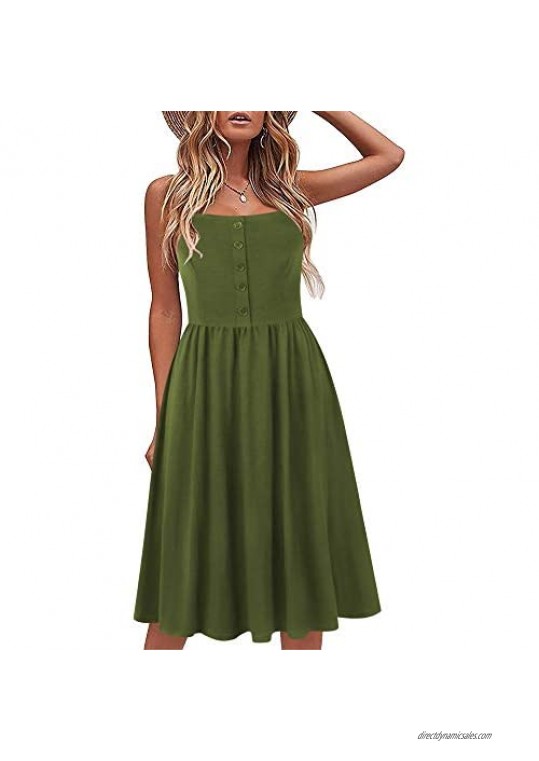 oxiuly Women's Casual Dress Beach Pockets A-Line Sundress Spaghetti Strap Button Cotton Party Dresses OX332