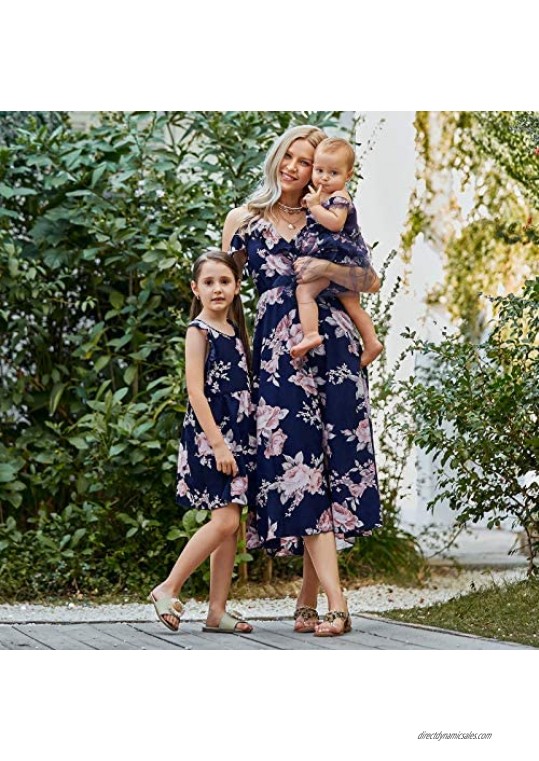 PopReal Mommy and Me Dresses Floral Print Cold Shoulder Ruffle Backless Strap Romper Beach Midi Dress Summer