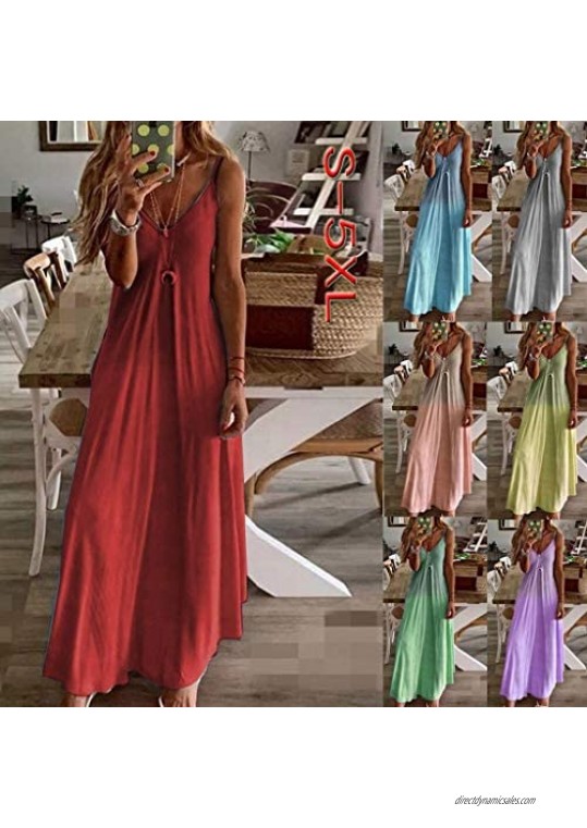 Rainbow Print V Neck Sleeveless Long Dress Women Straps Pockets Boho Maxi Dress