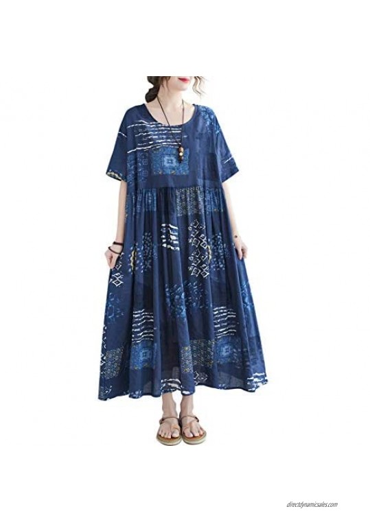 Romacci Cotton Linen Dress Baggy Bohemian Long Dresses Short Sleeve Loose Casual Sundress Maxi Dress Pocket