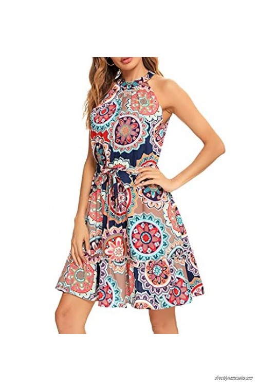 Summer Halter Boho Dresses for Women with Strap Belt Sleeveless Casual Floral Ruffle Flowy Short Sun Dress Outfits