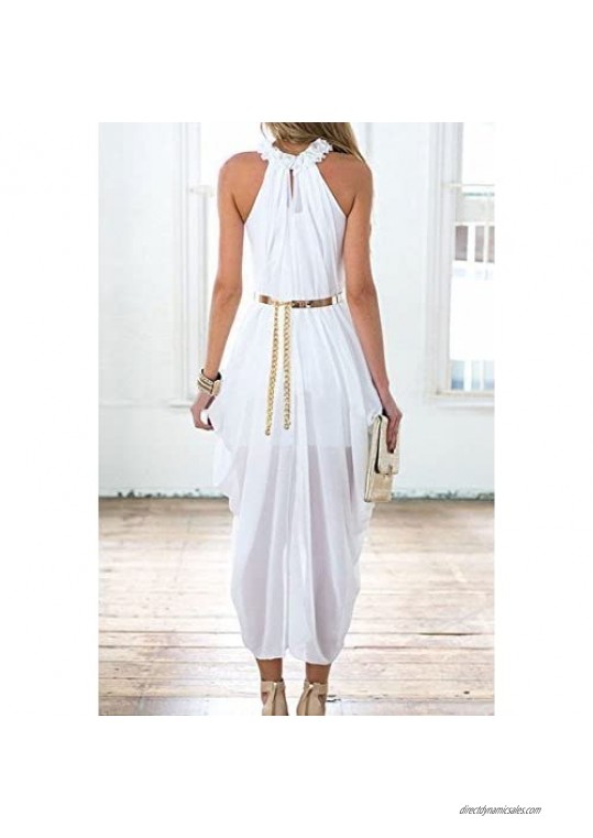 Women's Sheer Chiffon Folds Hi Low Loose Dress Delicate Gold Belt